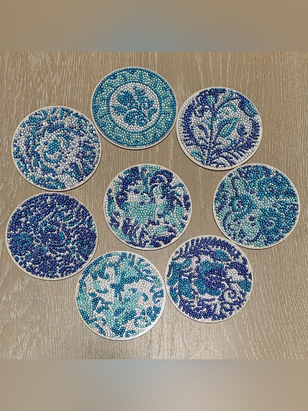 Rhinestone Blue Floral Coaster Set - Round Decorative Coasters